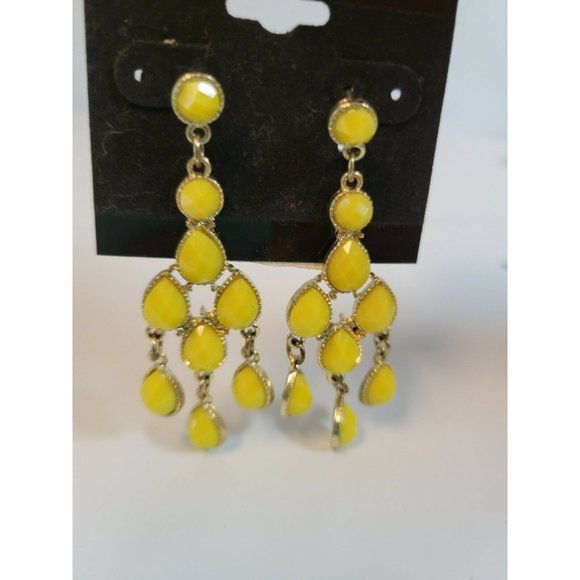 Faux Gold Plated Chandelier Statement Earrings Yellow Stones - Picture 2 of 3